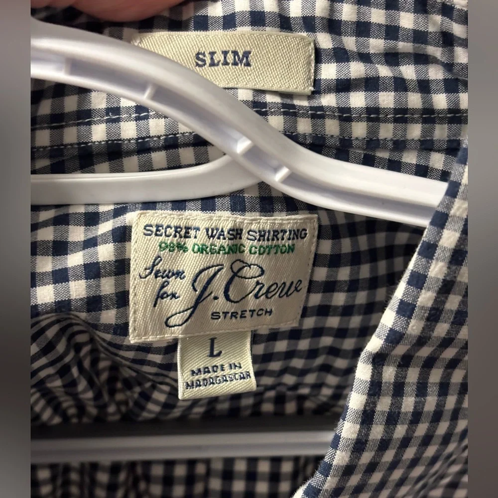 J. Crew Men's Large Gingham Check Navy And White‎ Slim Stretch